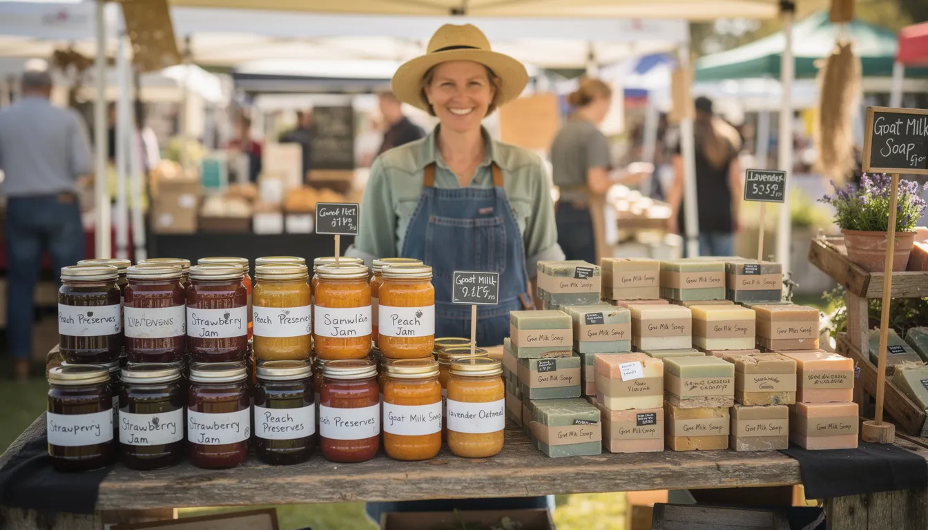 A homesteader stands proudly at a farmers market booth, showcasing an array of jars filled with colorful preserves and neatly arranged handmade soaps. The display includes natural soaps made with clean ingredients, tallow balm, and essential oils, all promising to deeply nourish the skin and leave it feeling silky smooth with delightful scents.