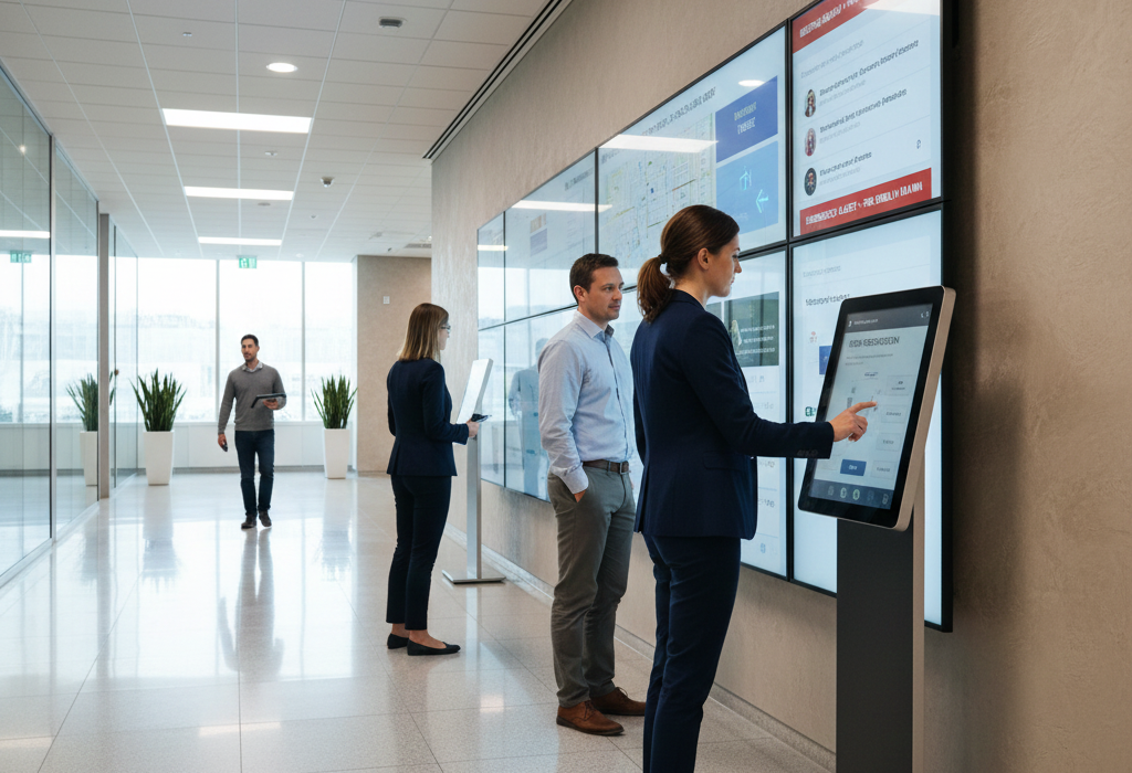 What Are the Best Building Signage Ideas for the Workplace? 2 interactive digital displays