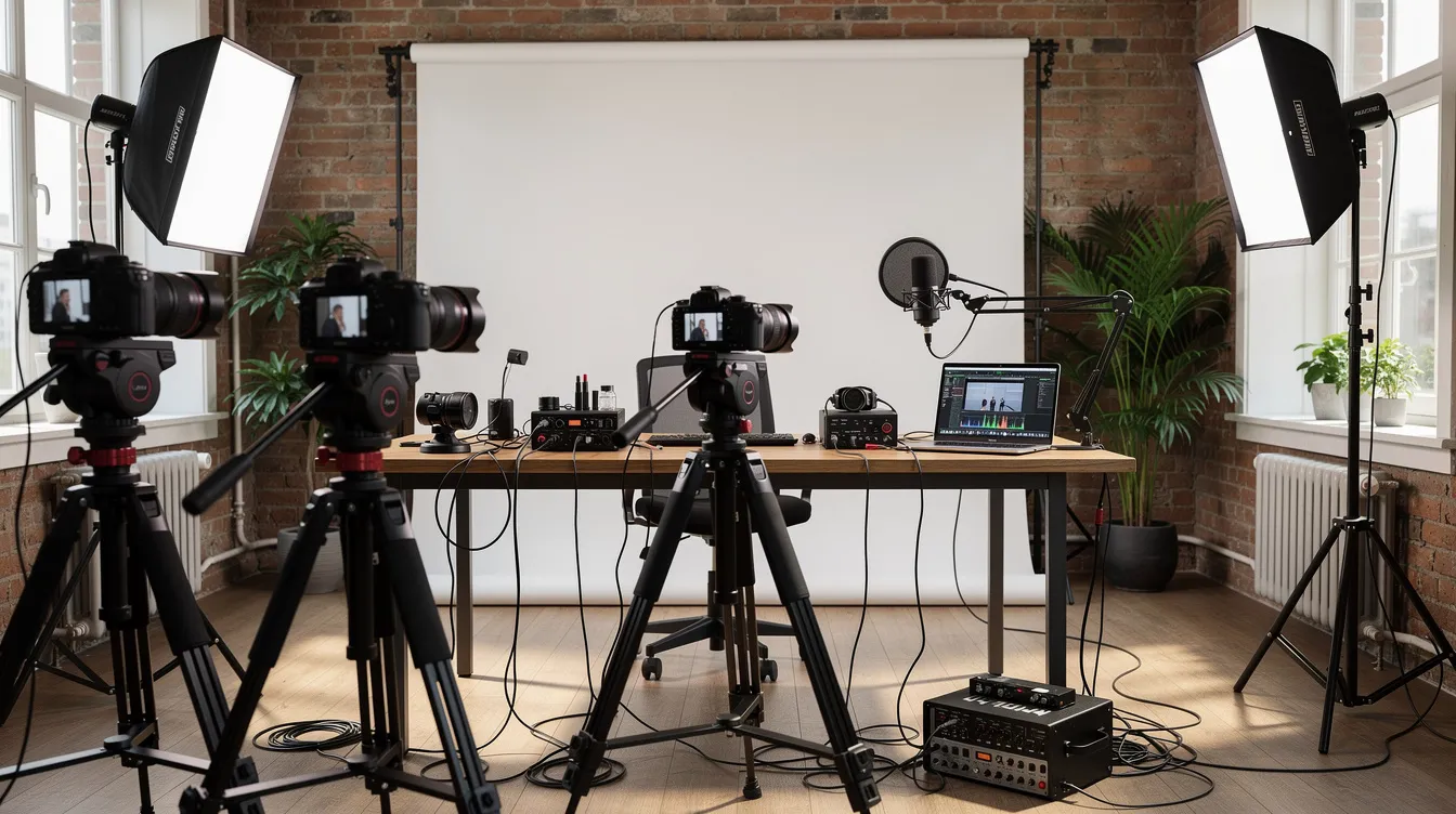 De afbeelding toont een creatieve werkruimte vol met camera's, lampen en opnameapparatuur, ideaal voor media activiteiten en commerciële samenwerkingen. Deze veelzijdige omgeving biedt ruimte voor persoonlijke projecten en zakelijke ontwikkelingen, passend bij de Nederlandse mediawereld.