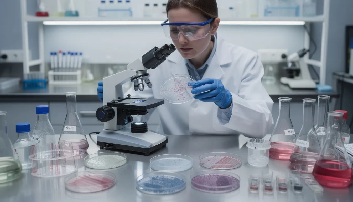 A medical researcher is carefully examining cell cultures in a laboratory, focusing on living cells that may include stem cells and other cell types relevant to regenerative medicine research. This work aims to establish normal function and promote healing in damaged tissues through advanced biomedical approaches.