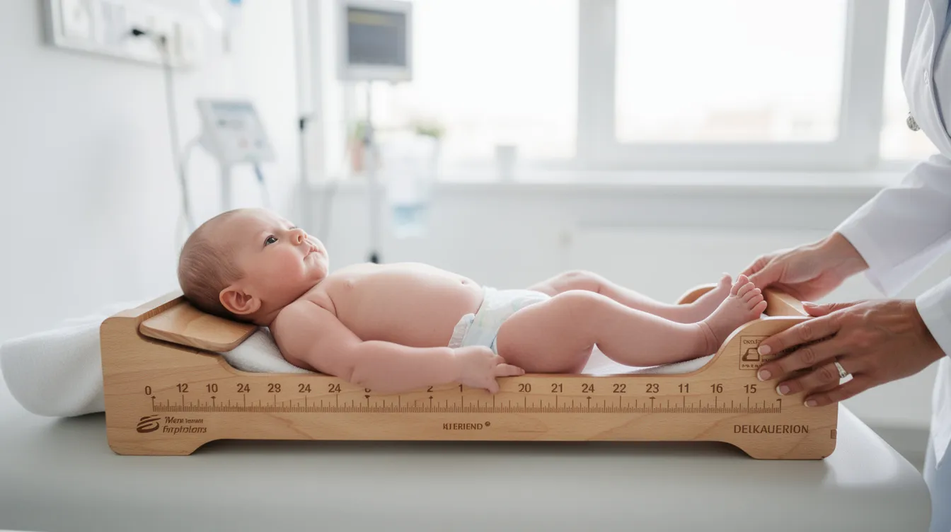 A baby is lying on a measuring board in a bright clinical setting, designed for accurate measurements of height and length in both inches and centimeters. The infantometer is suitable for tracking growth and offers convenient storage and transport options.