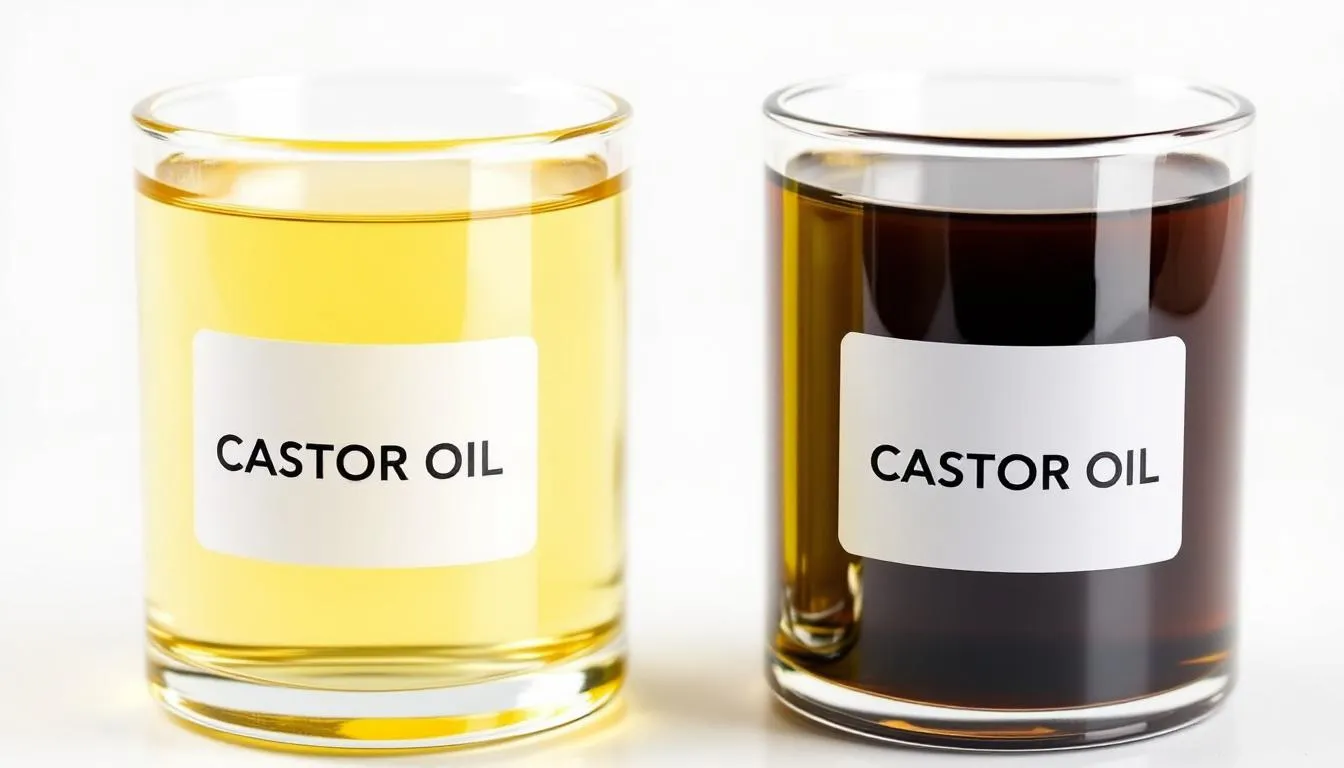 The image shows a side-by-side comparison of light yellow regular castor oil and dark brown black castor oil, both displayed in clear glass containers. The contrast highlights the key differences in color and texture, emphasizing the rich, organic nature of black castor oil, known for its deeply nourishing properties for hair growth and skin care.