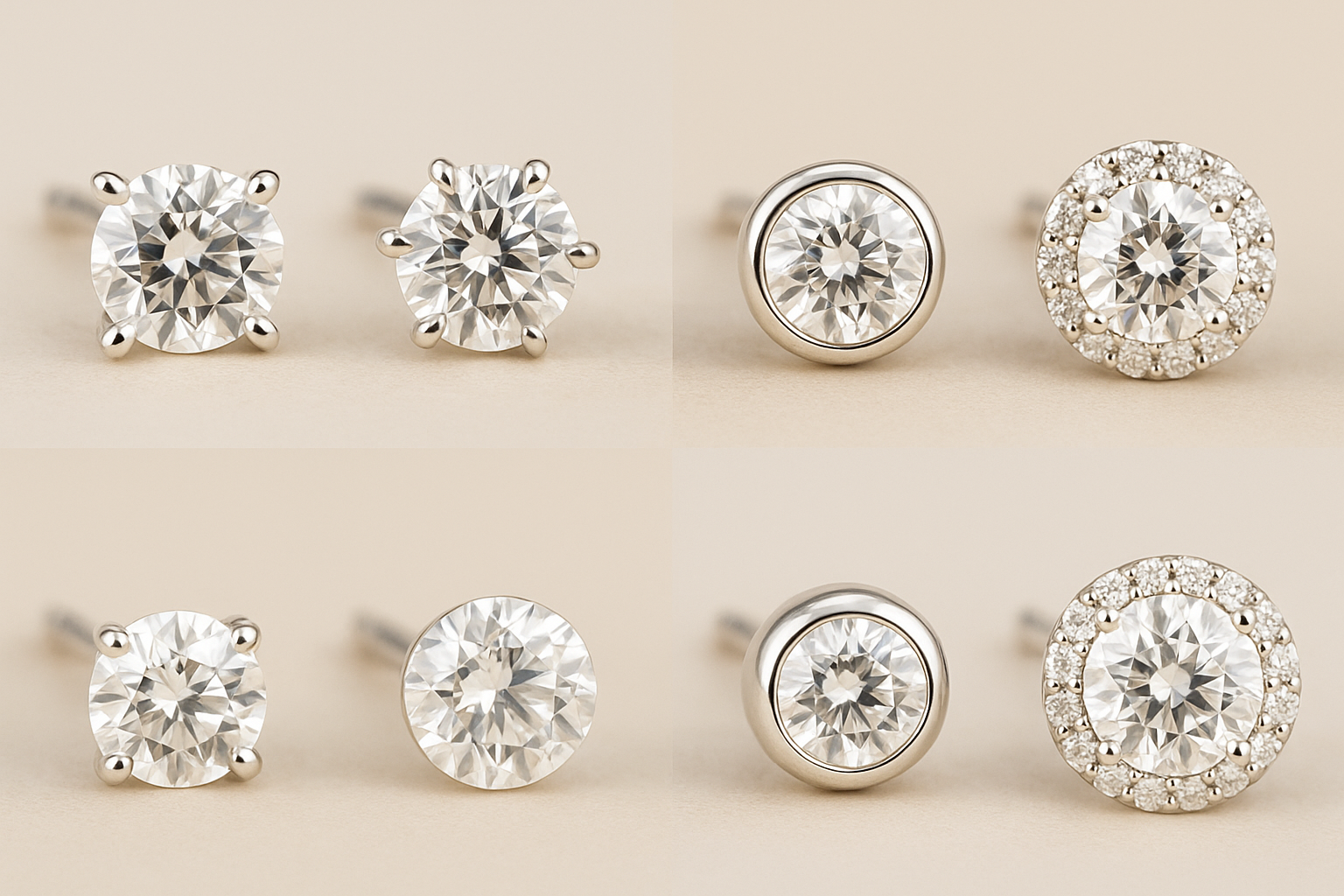 Skirtingų tipų deimantiniai vinukai - 4 ir 6 kojelės, bezel, halo dizainų.