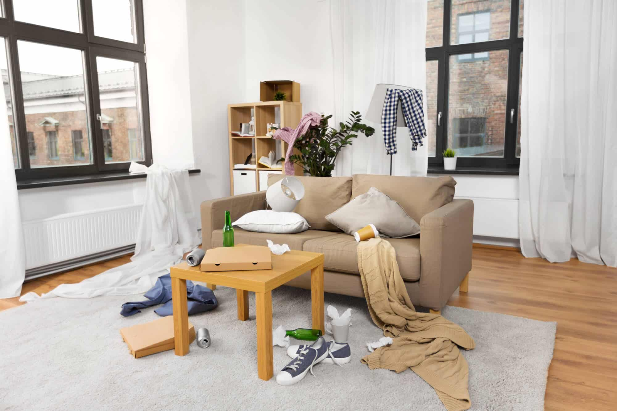 Start the cleaning process by gathering the trash and removing all the clutter in the living room