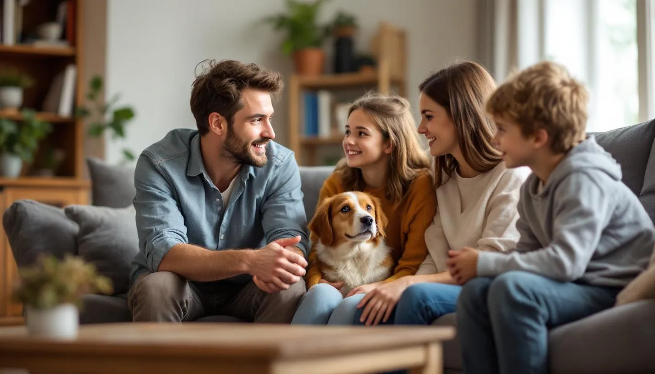 A family is gathered around a table, discussing their options for pet adoption, with a focus on managing dog allergies and considering hypoallergenic dog breeds like golden retrievers. They are weighing the pros and cons of different breeds, including potential allergy symptoms and how to eliminate allergens from their home.