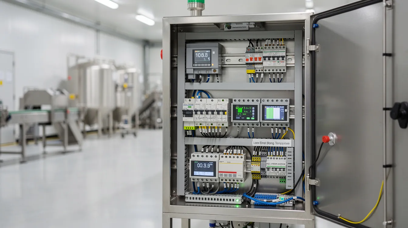 The image shows a PLC control panel with digital displays, set in a modern food manufacturing facility, designed for precise temperature control in the roasting process. This advanced technology is essential for the efficient operation of machines like the chana roaster, ensuring uniform heating and hygiene compliance while meeting the production requirements of various grains and nuts.