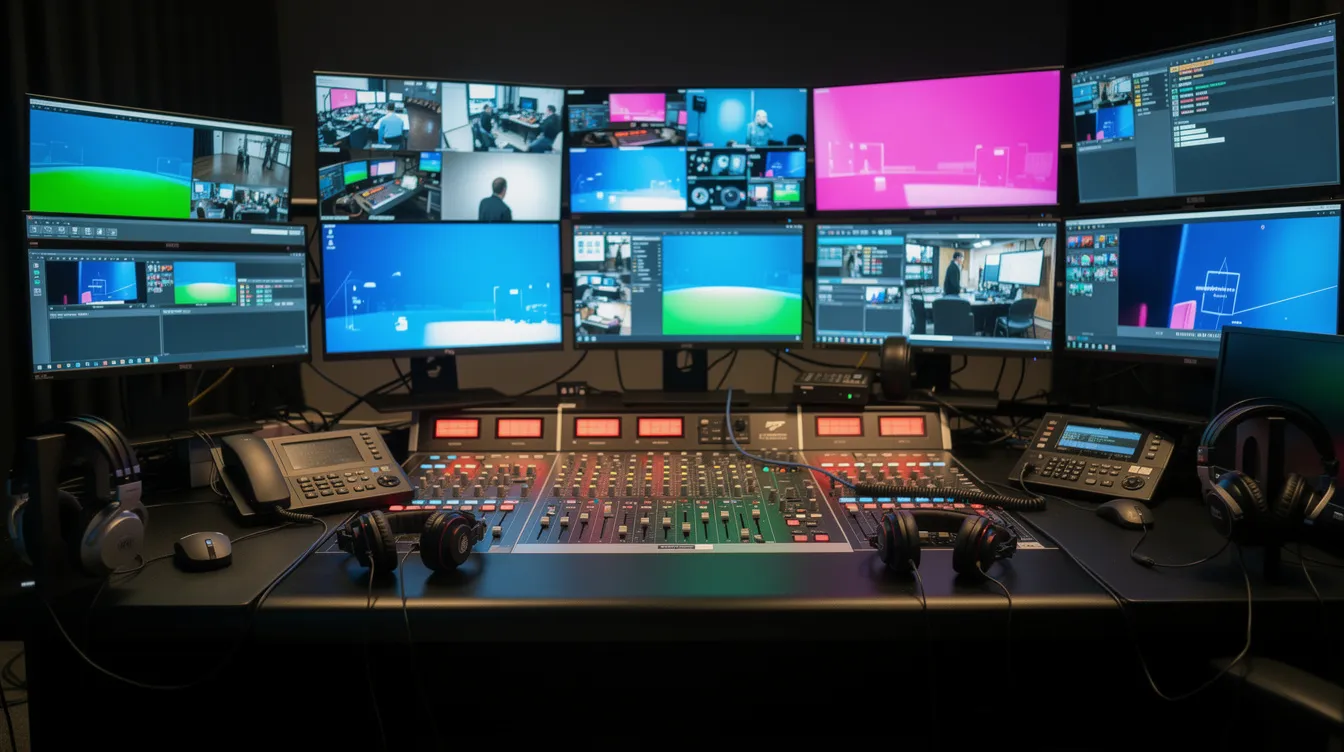 Ein Regieplatz in einem abgedunkelten Raum zeigt mehrere Monitore, Mischpulte und Kopfhörer, beleuchtet von buntem Monitorlicht während einer professionellen Live-Übertragung. Dies ist ein typischer Arbeitsplatz für die Filmproduktion und das Live Streaming bei muthmedia GmbH in Frankfurt am Main.