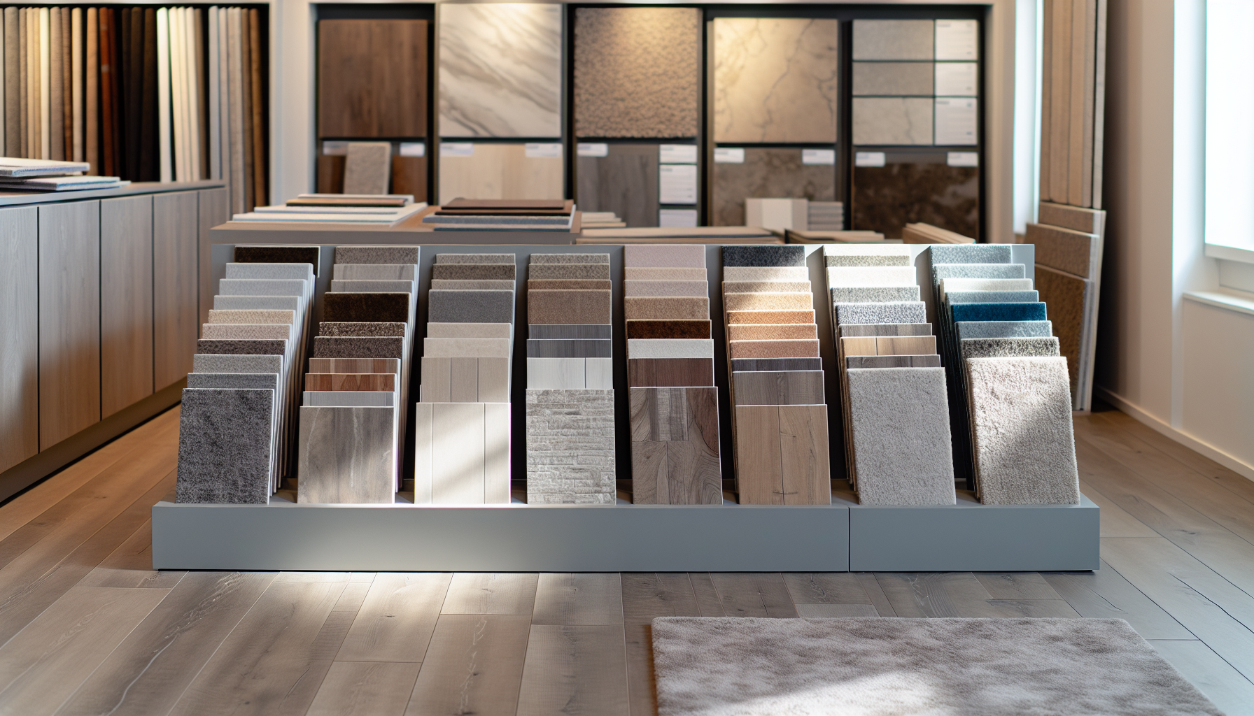 A variety of flooring samples displayed in a room setting