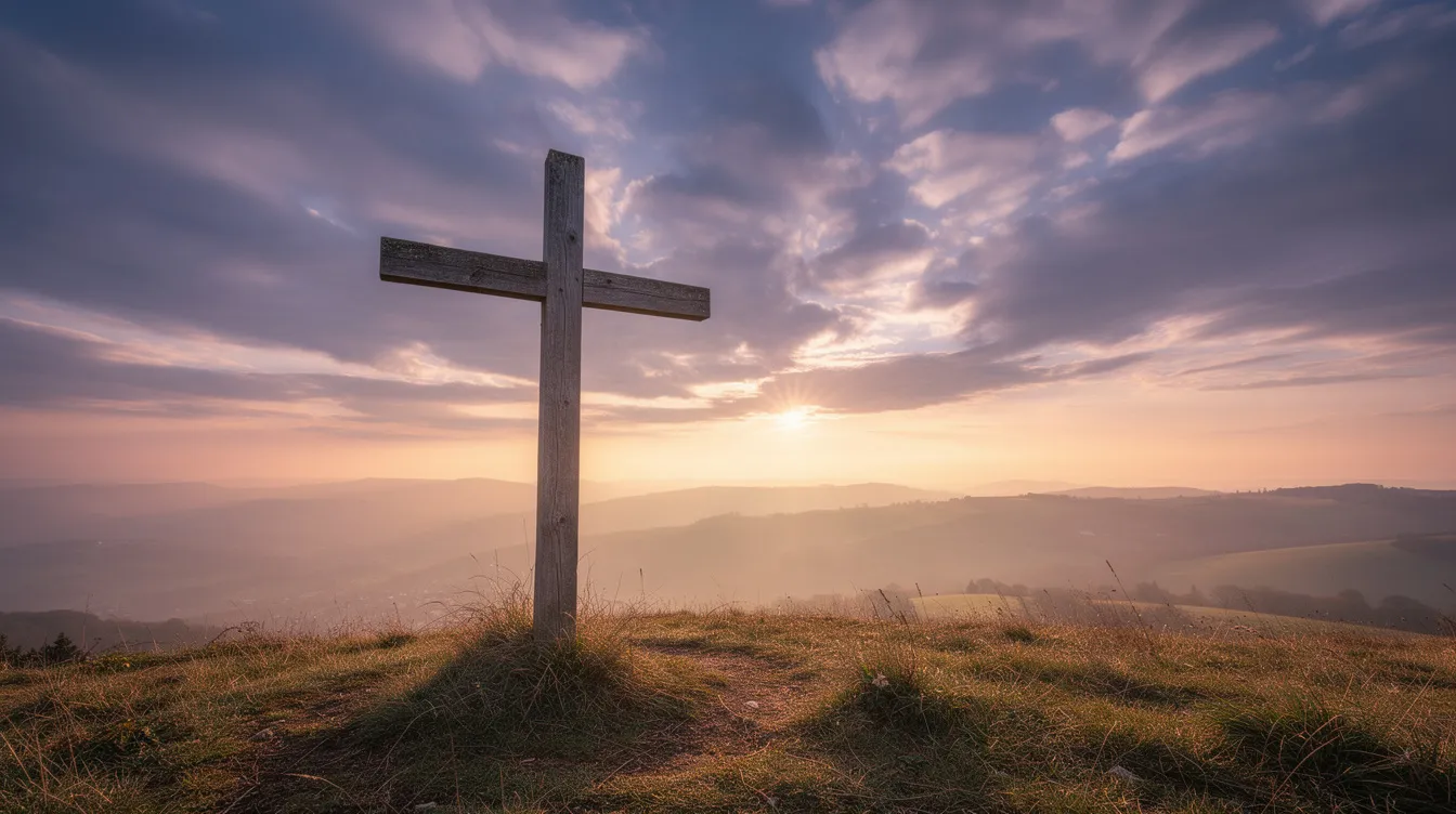 The image depicts a wooden cross standing tall on a hillside, silhouetted against a dramatic dawn sky filled with vibrant colors. This scene evokes a sense of holiness and faith, reflecting the teachings of the Lord Jesus Christ and the importance of purity in daily life.