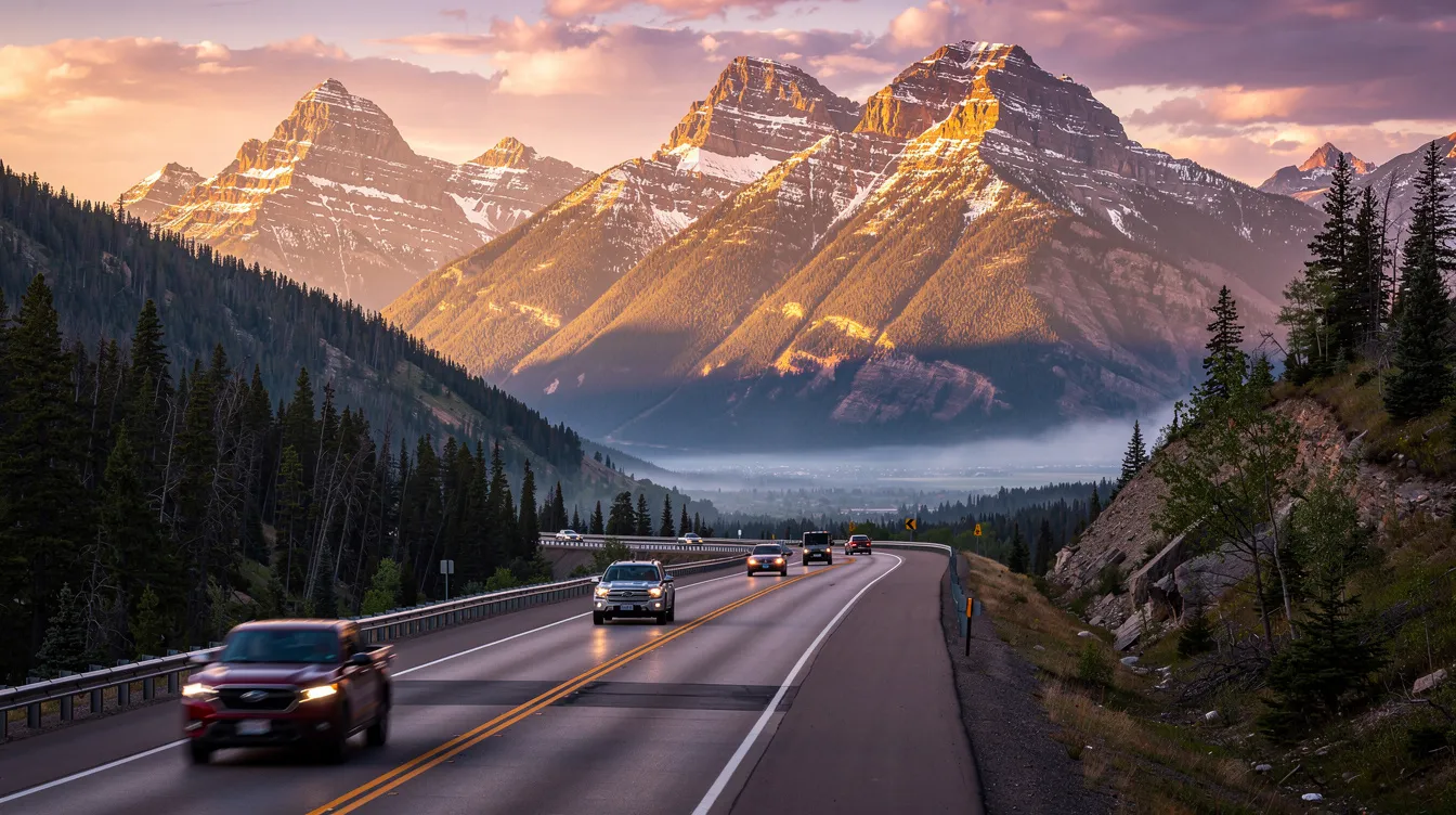 The image depicts a picturesque Colorado mountain highway at sunset, with several vehicles traveling along the road. The scenic view highlights the beautiful mountainous landscape, evoking a sense of tranquility, while also reminding viewers of the potential dangers of car accidents that could lead to wrongful death claims.