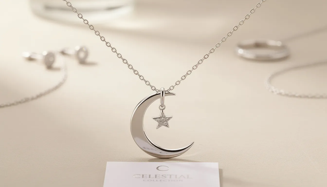 The image features a beautifully designed star pendant and crescent moon necklace, crafted from sterling silver, showcasing a timeless celestial appeal. This versatile piece can be effortlessly styled for both casual and elegant occasions, making it a perfect addition to any jewellery collection.