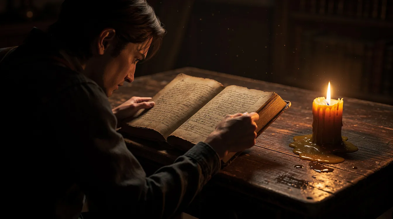 A person is seated at a wooden desk, deeply engaged in reading an ancient-looking book illuminated by the soft glow of a nearby candle. This scene evokes a sense of historical context, inviting reflection on the cultural and political events of the past that shaped our understanding of literature and society.