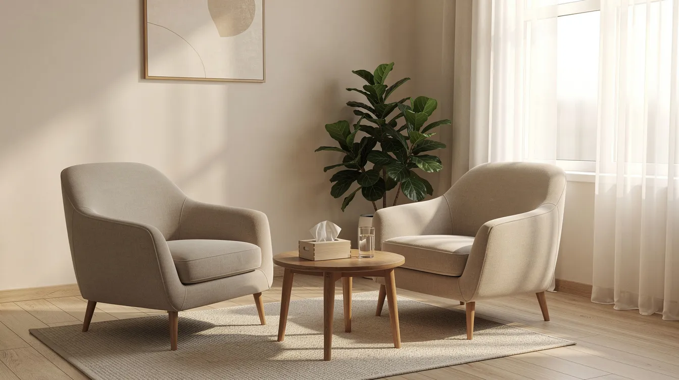 The image depicts a serene therapy office filled with natural light, featuring comfortable chairs arranged to create a welcoming atmosphere for mental health support. This calming environment is designed to promote well-being and encourage open conversations about mental health conditions.