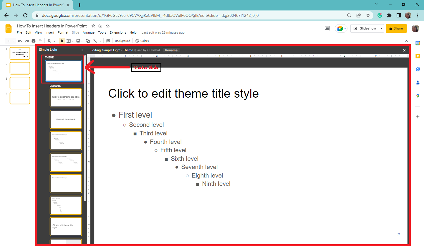 In the Master editor view, select the Master Slide of your Google Slides presentation.