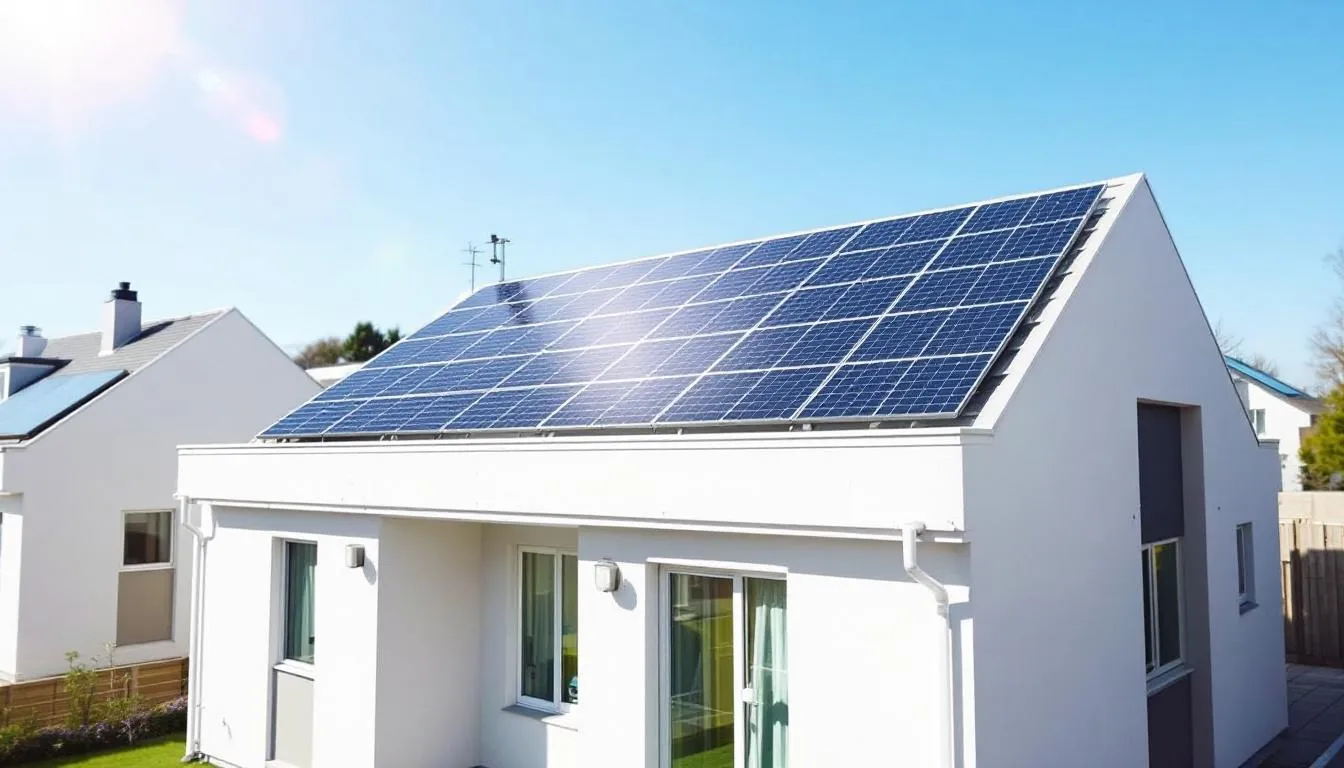Das Bild zeigt ein Mehrfamilienhaus mit einer großen Solaranlage auf dem Dach, die zur Nutzung erneuerbarer Energien beiträgt. Diese Photovoltaikanlage ist Teil der Energiestrategie 2050, die in der Schweiz durch verschiedene Förderprogramme und einmalvergütungen unterstützt wird.