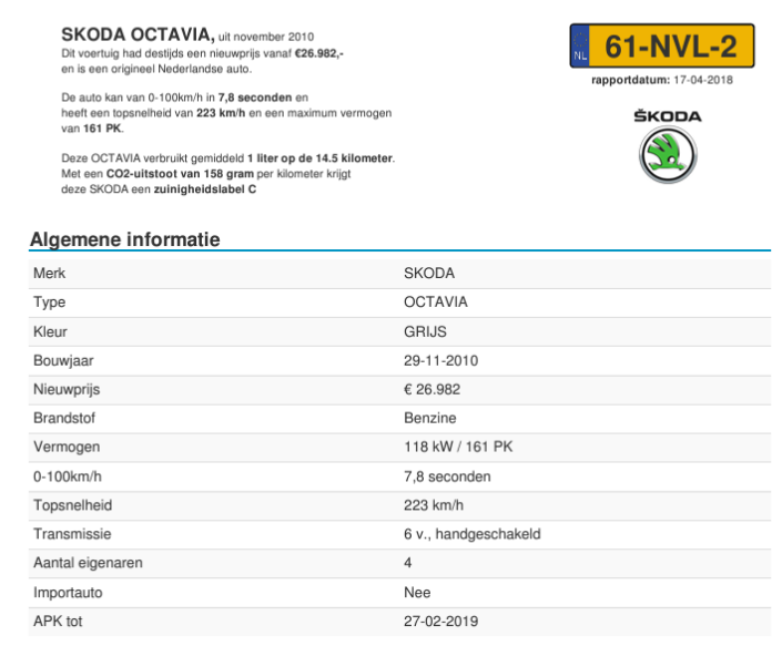 Bouwjaar auto: Een screenshot van een kentekencheck website met auto gegevens.