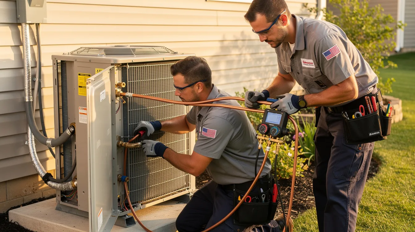 Two HVAC technicians collaborating to connect refrigerant lines during a heat pump installation at a residential property, ensuring efficient operation for year-round comfort.