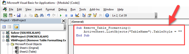VBA Code to remove Excel Table style