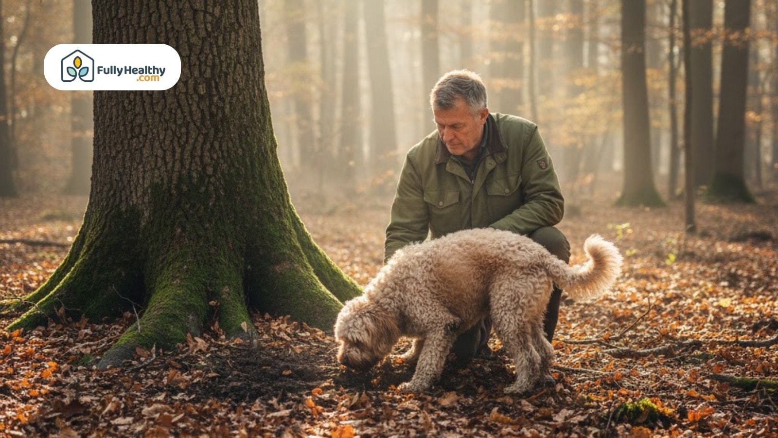 Man and dog searching forest floor for hidden truffles