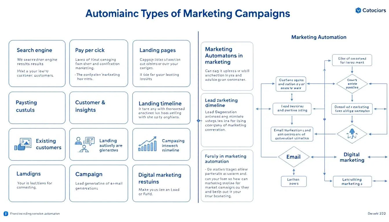 The image illustrates various types of marketing campaigns, showcasing elements such as search engine results, pay-per-click ads, and landing pages designed to engage existing and potential customers. It emphasizes the importance of customer insights and a clear marketing campaign timeline to achieve successful marketing efforts and build brand awareness.