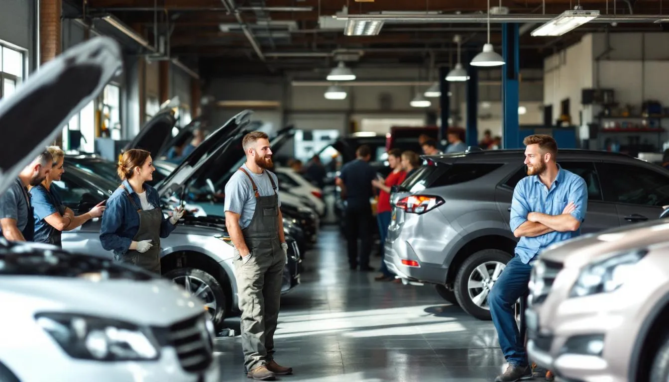 A community automotive repair shop with customers and technicians.