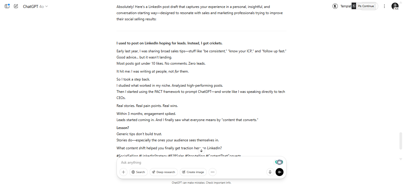 ChatGPT output showing a LinkedIn post about a personal professional lesson with authentic storytelling and actionable takeaway
