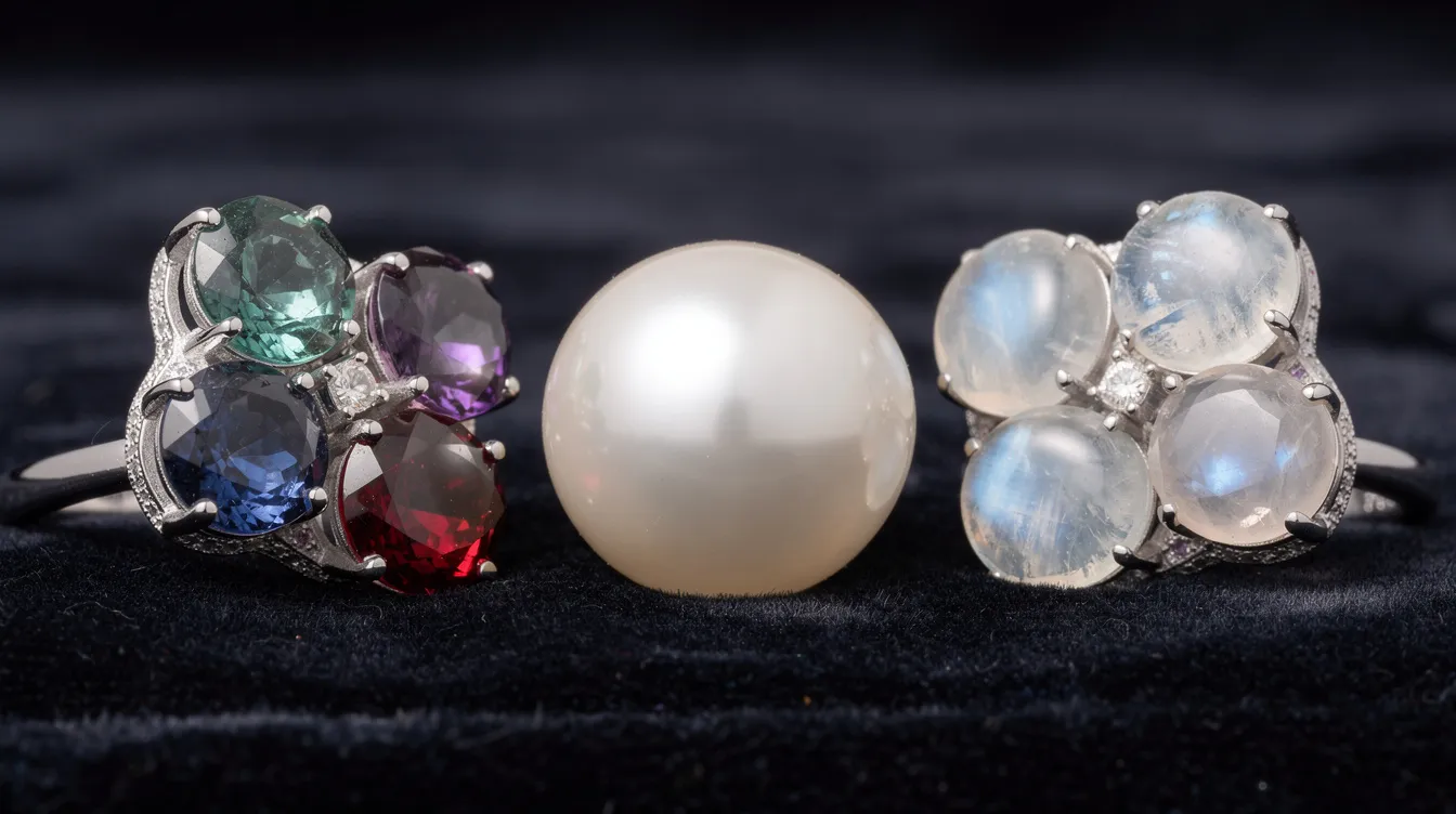 The image showcases the three stunning June birthstones: a lustrous pearl, a captivating alexandrite that shifts from bluish green in daylight to purplish red under incandescent light, and a shimmering moonstone known for its blue sheen. These beautiful gemstones are often featured in elegant jewelry pieces, making them popular choices for June birthdays.