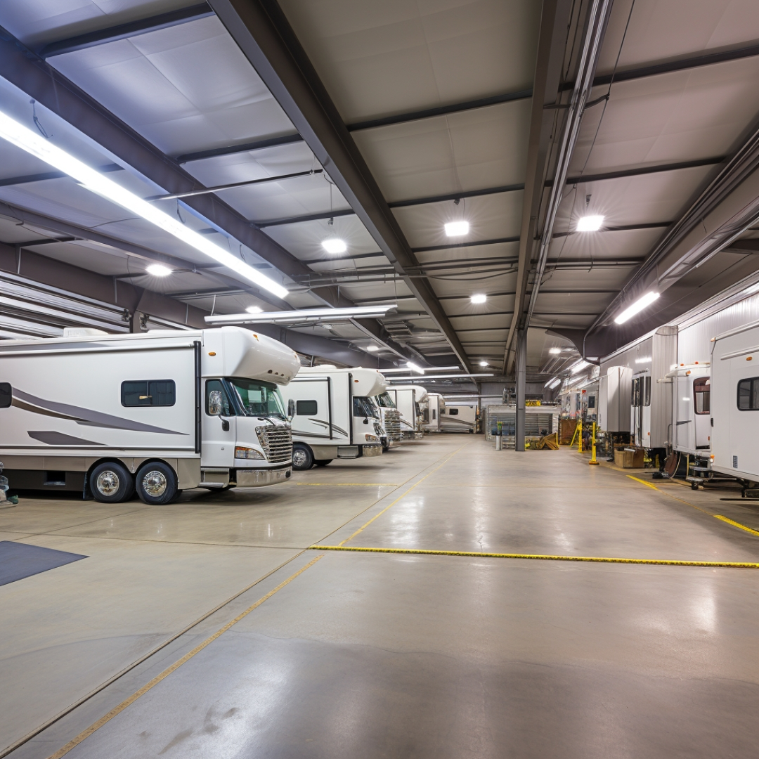 A picture of a well-designed RV storage facility with efficient space utilization and layout