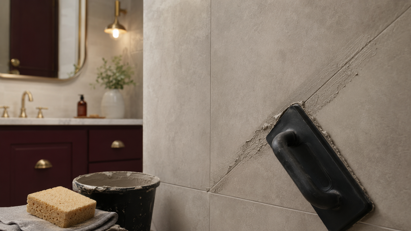 Crumbling grout between warm ivory tiles beneath a floating walnut bathroom vanity.