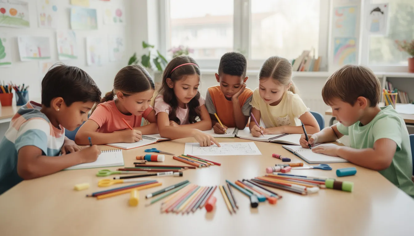 Na obrazku widać dzieci pracujące w małych grupach przy stole, kt&oacute;re wsp&oacute;lnie rozwiązują zadanie. Na blacie znajdują się kolorowe przybory szkolne, a atmosfera sprzyja wsp&oacute;łpracy i zaangażowaniu uczni&oacute;w w naukę.