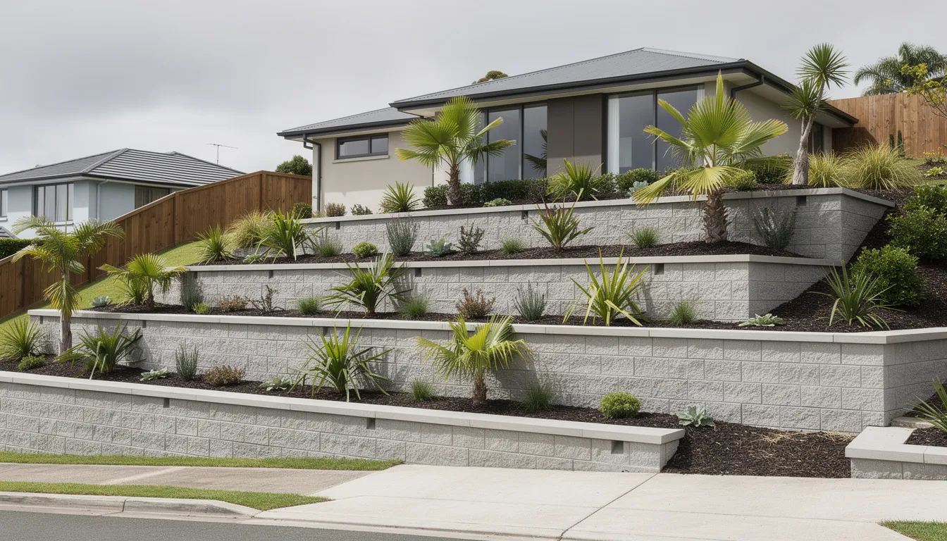 The image depicts stepped timber retaining walls on a sloping residential property in Auckland, designed to create usable outdoor space while preventing soil erosion. These complex walls are essential for managing drainage and ensuring structural integrity, complying with local building codes and safety regulations.