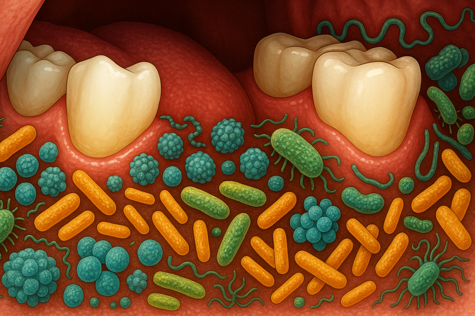 Fargerike bakterier vist langs tannkjøttet og mellom tennene i et illustrert bilde av munnhulens mikrobiom.