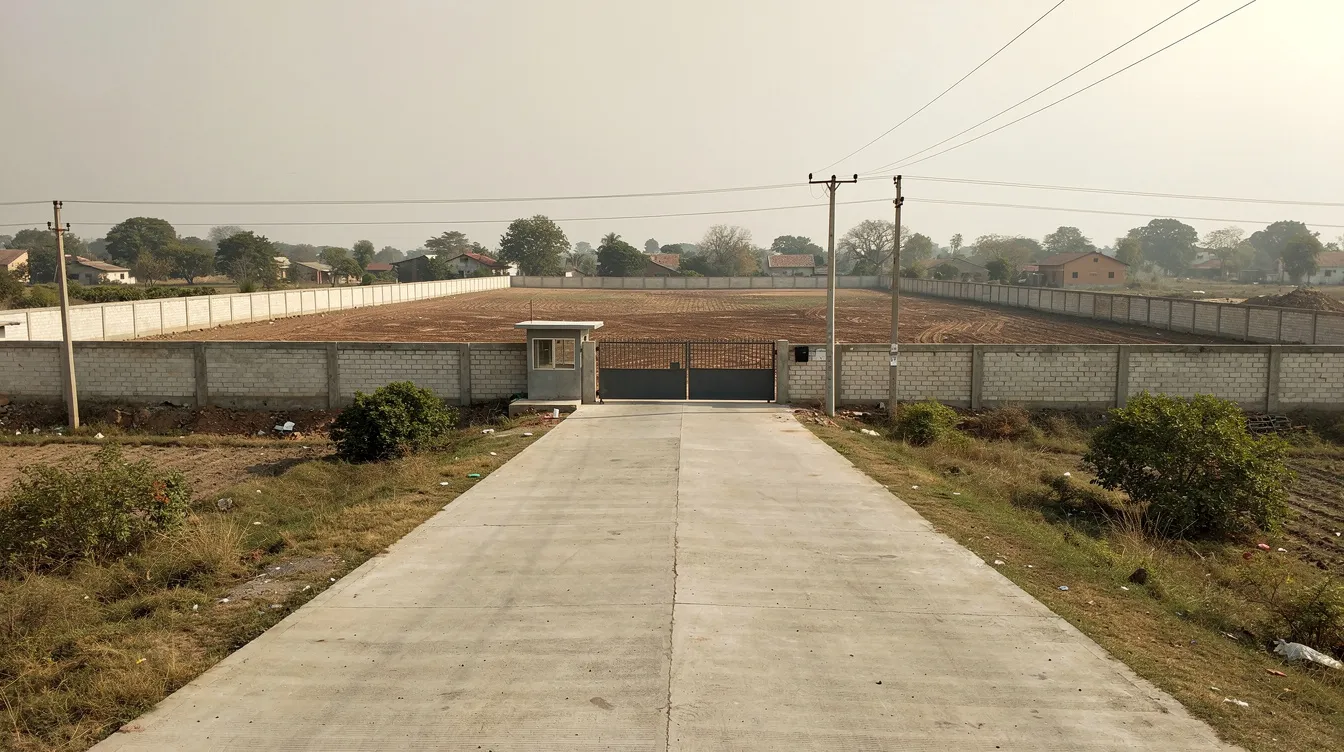 The image depicts an open industrial plot in semi-rural India, featuring a boundary wall and a wide approach road that leads to an industrial gate, potentially suitable for a dairy processing plant setup. This space could accommodate various operational areas, including raw milk reception and processing facilities, essential for dairy entrepreneurship development.
