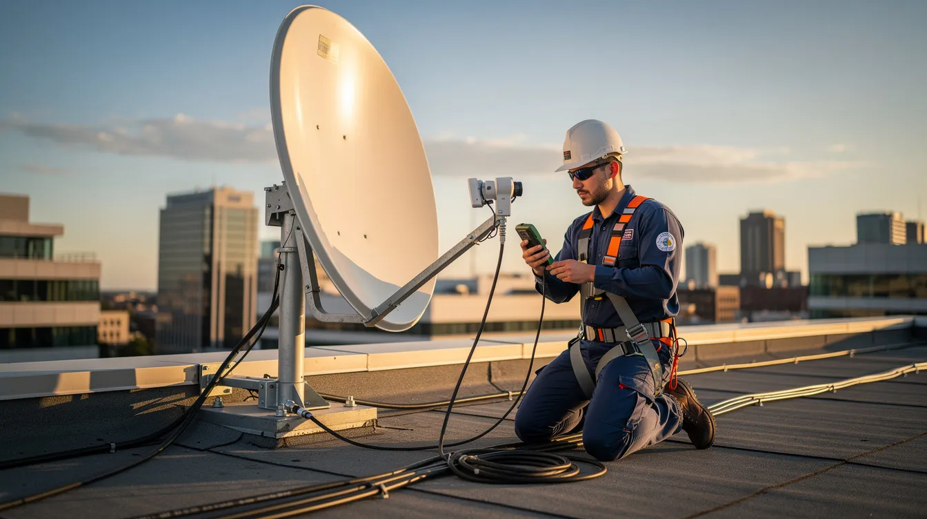 A technician is on the roof of a building, carefully aligning a commercial satellite dish for optimal signal reception, while ensuring that the installation meets quality standards for the new DSTV dish. The scene includes tools and equipment typically used for satellite dish installation, such as cables and brackets, to address potential signal problems.