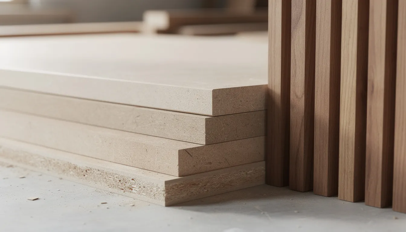 Close-up van MDF panelen en houten latten die samen de basis vormen voor een moderne tv wand. De materialen stralen een natuurlijke uitstraling uit en zijn perfect voor het creëren van een mooi tv meubel met een luxe uitstraling en voldoende opbergruimte.