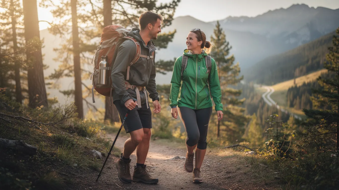 A couple enjoys a fun-loving hike together, sharing laughter and conversation as they connect over their mutual interests. This scene captures the essence of online dating, where couples can find potential partners who share their passions in real life.
