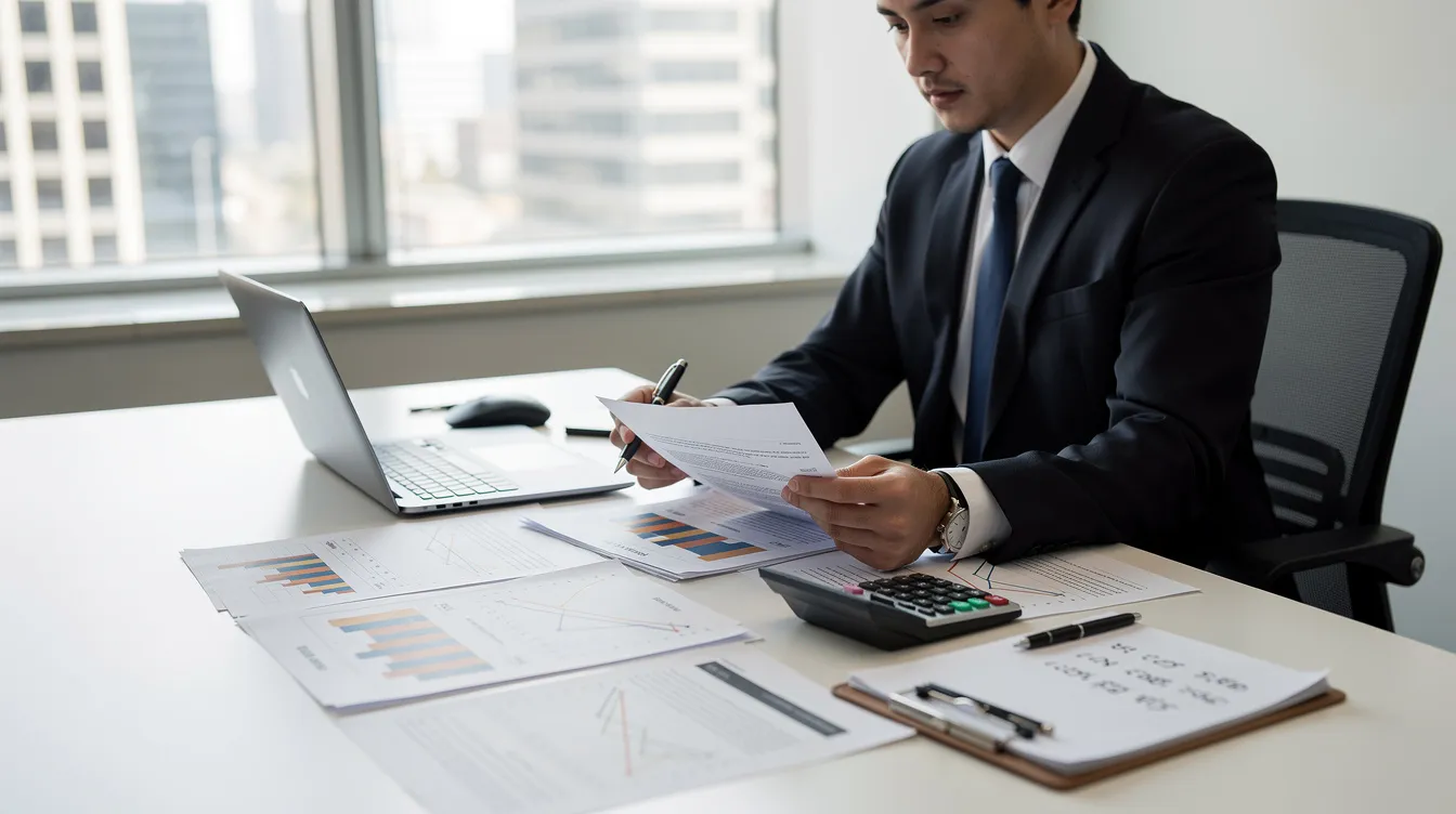 A professional sits at a desk, intently reviewing financial documents related to retirement accounts and precious metals investments. The workspace is organized, featuring papers that likely include information on gold IRAs and physical gold assets, emphasizing the importance of long-term financial planning.