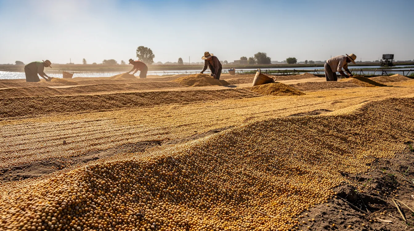 The image depicts harvested pulse crops, such as pigeon peas, drying in an open agricultural field under bright sunlight, with workers in the background engaged in the drying process. This scene illustrates the importance of seasonal inventory management and operational efficiency in the agricultural supply chain, especially as seasonal demand fluctuations approach.