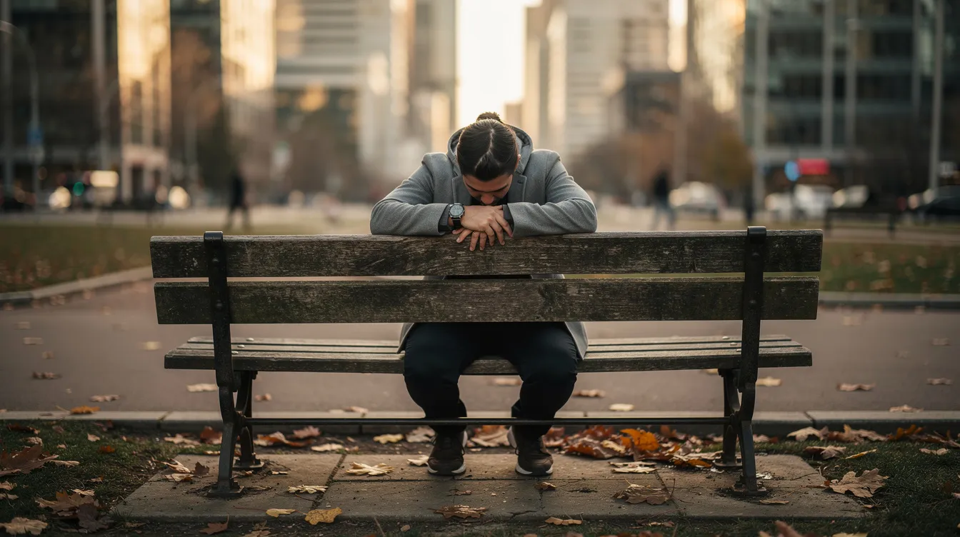 A person is sitting alone on a park bench in an urban setting, appearing thoughtful as they gaze into the distance, reflecting on their emotional health and coping skills. This scene captures the essence of mental health challenges, where moments of solitude can provide a space for introspection and consideration of therapy options, such as cognitive behavioral therapy, to address negative thought patterns and emotional challenges.