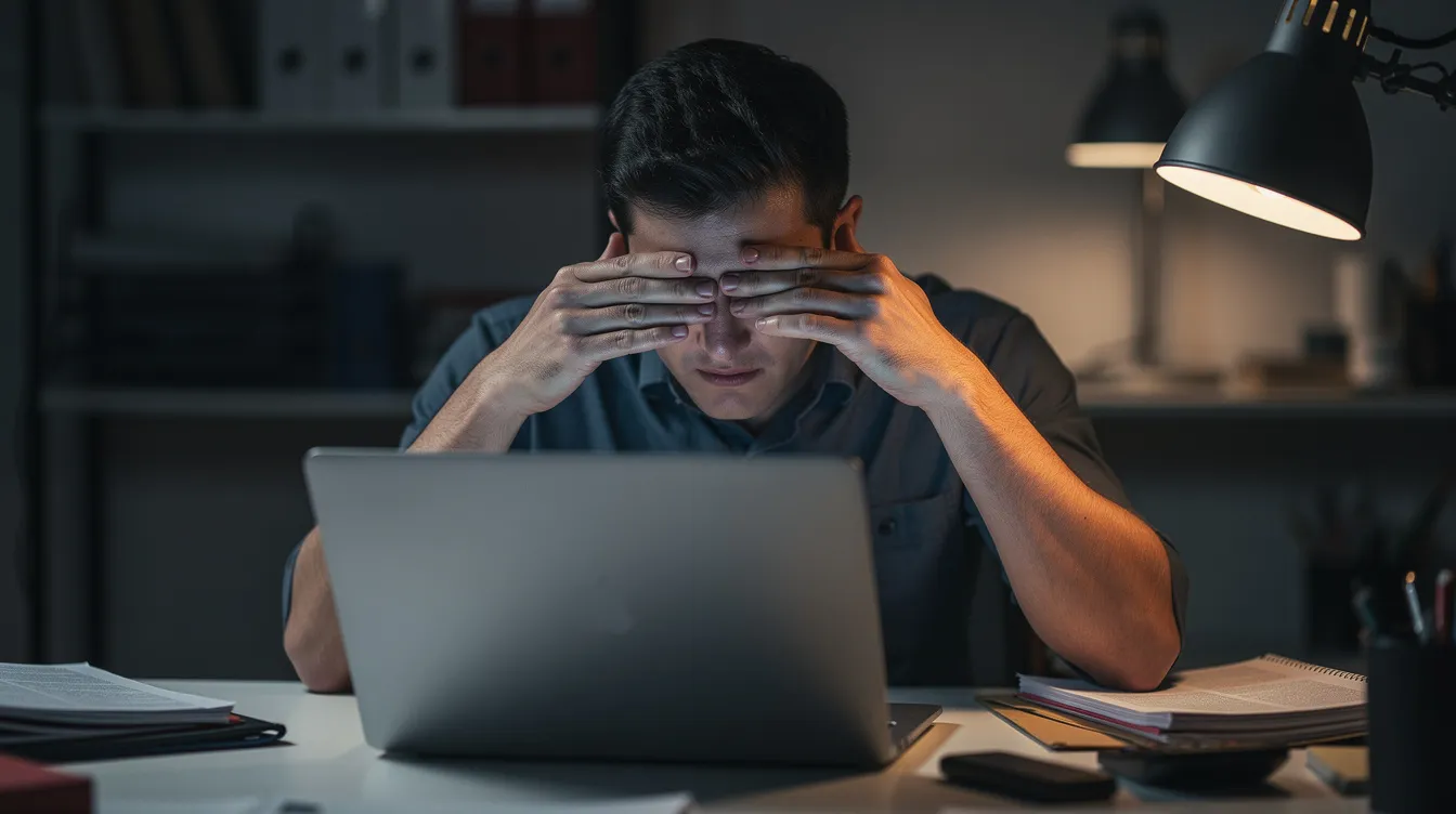Una persona de mediana edad se frota los ojos frente a un ordenador portátil en una oficina con poca luz, mostrando signos de falta de sueño y cansancio en su mirada. Sus párpados parecen pesados, lo que sugiere un exceso de información y tiempo frente a la pantalla.