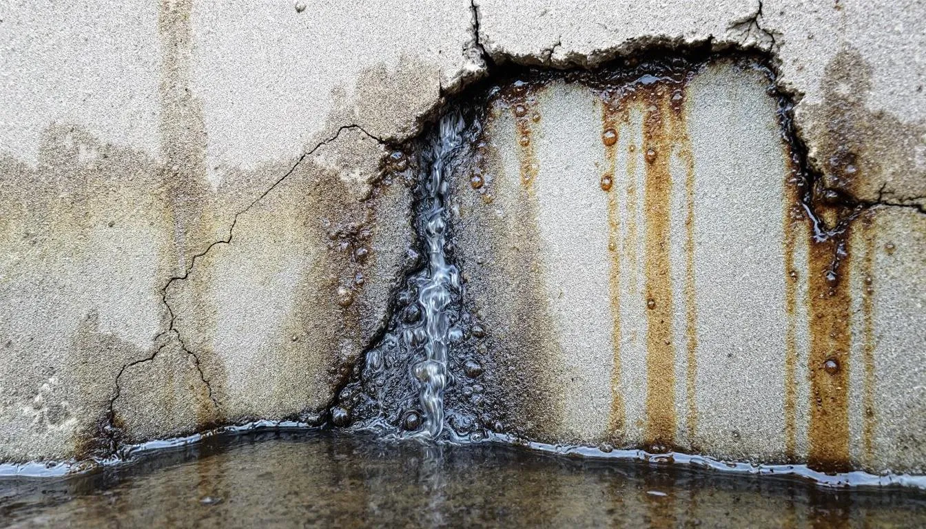 Une image montrant des fissures dans une fondation de béton, avec des signes d'infiltration d'eau visible sur les murs intérieurs. Cette situation souligne les problèmes d'humidité et la nécessité de réparations de fissures pour éviter des dommages structurels à la maison.