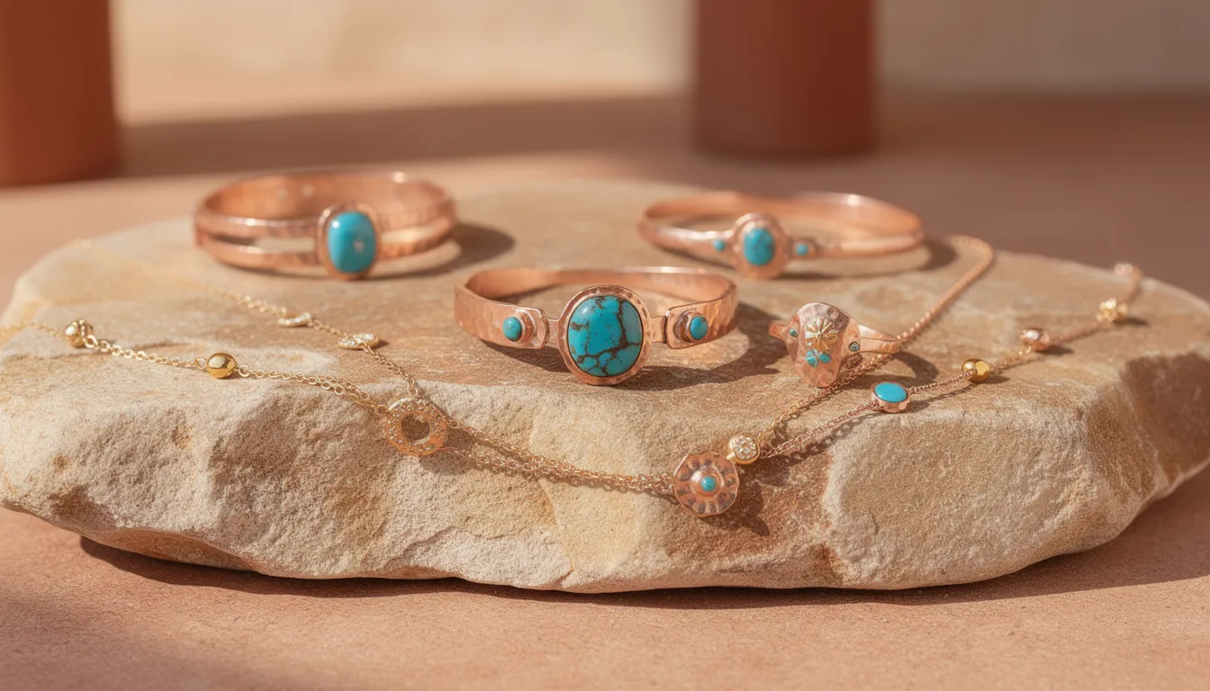 The image showcases an elegant jewellery display featuring Mediterranean styling, with beautifully arranged copper, turquoise, and gold pieces set on a natural stone surface. This exquisite arrangement reflects a blend of cultural aesthetics, appealing to international audiences interested in unique and sophisticated designs.
