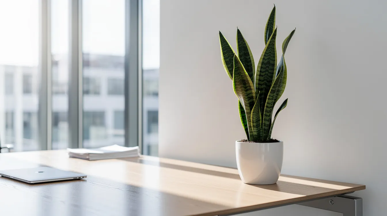 A tall snake plant with dark green variegated leaves is prominently displayed on a modern desk in a bright office, symbolizing growth and resilience in a positive environment. The elegant appearance of the plant adds a touch of nature, enhancing the workspace with its ability to thrive in bright indirect light.