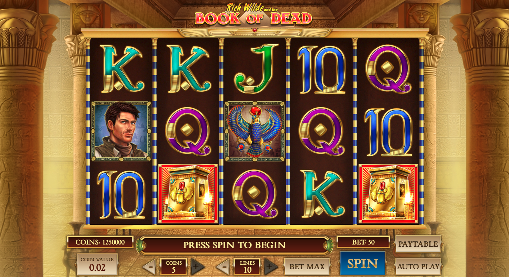 Book of Dead gokkast van Play’n GO met vijf rollen, tien winlijnen en Egyptische symbolen.