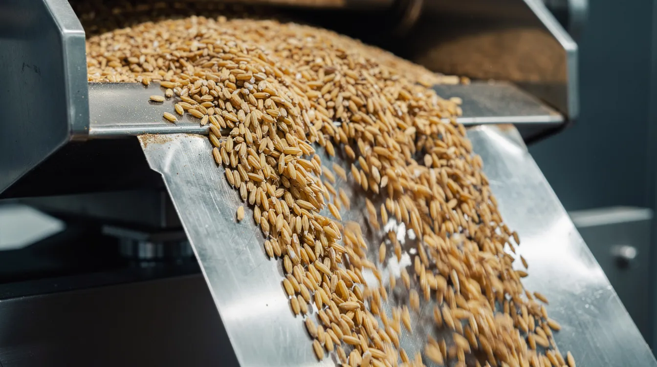 797948ca 1dcd 4013 8405 a1cd50f3edf9 A close-up view captures golden rice grains flowing seamlessly through industrial stainless steel rice processing machinery, showcasing the efficiency and advanced technology of commercial rice mill machines. This image highlights the intricate machine structure designed for optimal grain cleaning and polishing, essential for high-quality rice production.