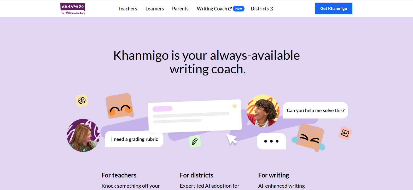 Khanmigo AI writing coach providing personalized writing support and tutoring, making it a popular Cognii alternative for AI-powered student learning.