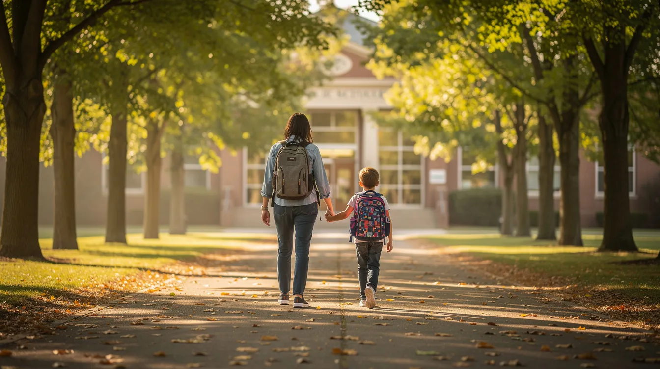A parent and child are walking hand in hand along a tree-lined path leading to a primary school, symbolizing the journey of children with developmental needs as they prepare for their educational journey. This scene reflects the importance of early intervention services and support programmes that help preschool children develop foundational skills for success in a mainstream school environment.