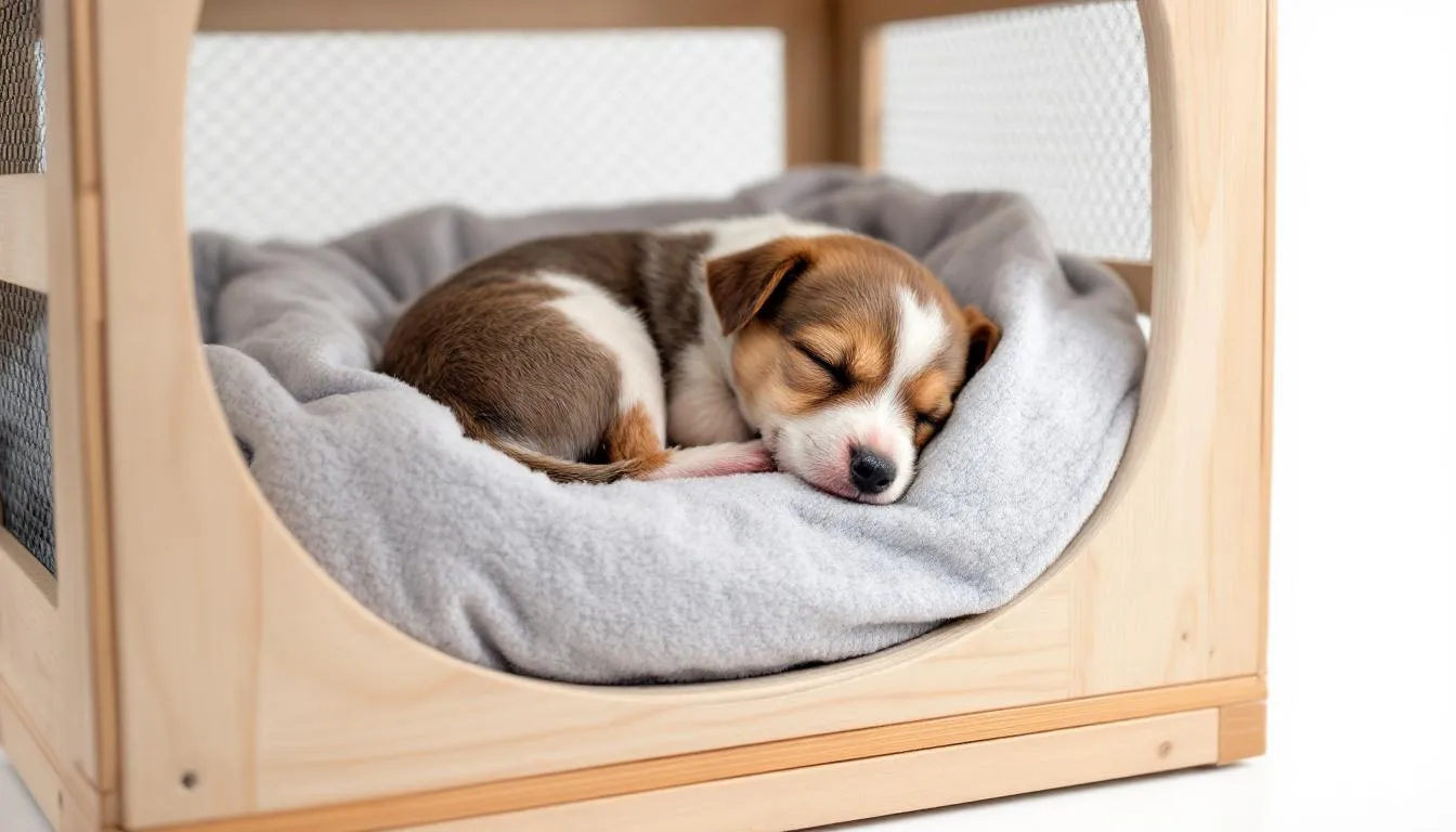 A puppy is resting peacefully in a cozy dog crate, surrounded by soft bedding that provides comfort and security. The crate door is closed, creating a safe space for the pup, who is enjoying a moment of calm as part of the crate training process.