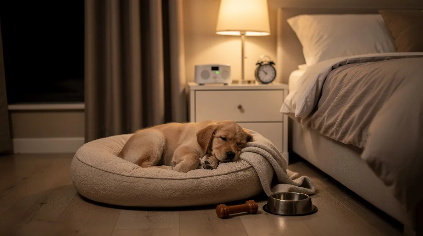 The image depicts a cozy bedroom setting designed for a puppy, featuring a soft dog bed in a quiet corner, surrounded by gentle lighting and blackout shades to create an optimal sleep environment. A puppy is peacefully napping, illustrating the importance of a predictable sleep schedule and healthy sleep habits for their physical and brain development.