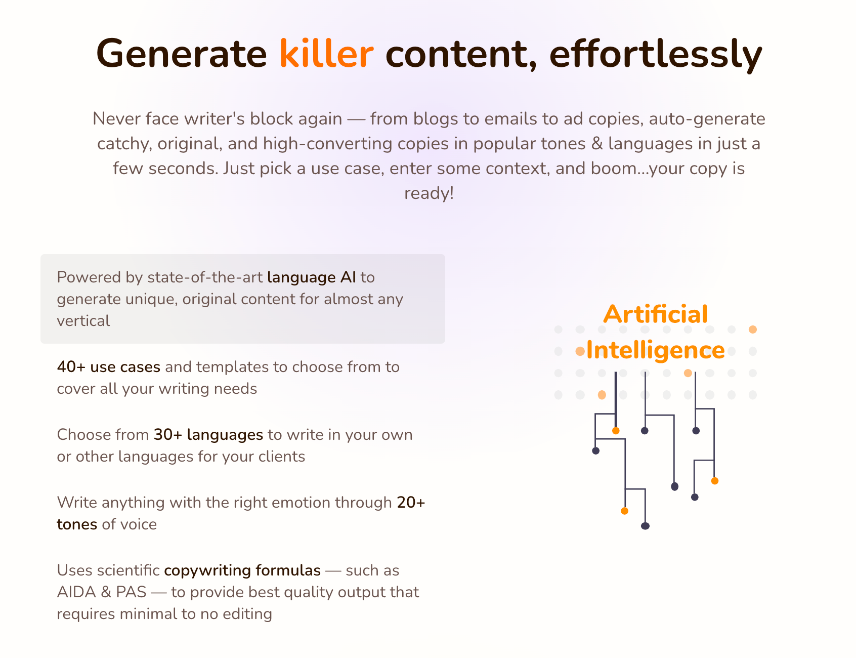 Rytr's landing page - "Generate killer content, effortlessly" 